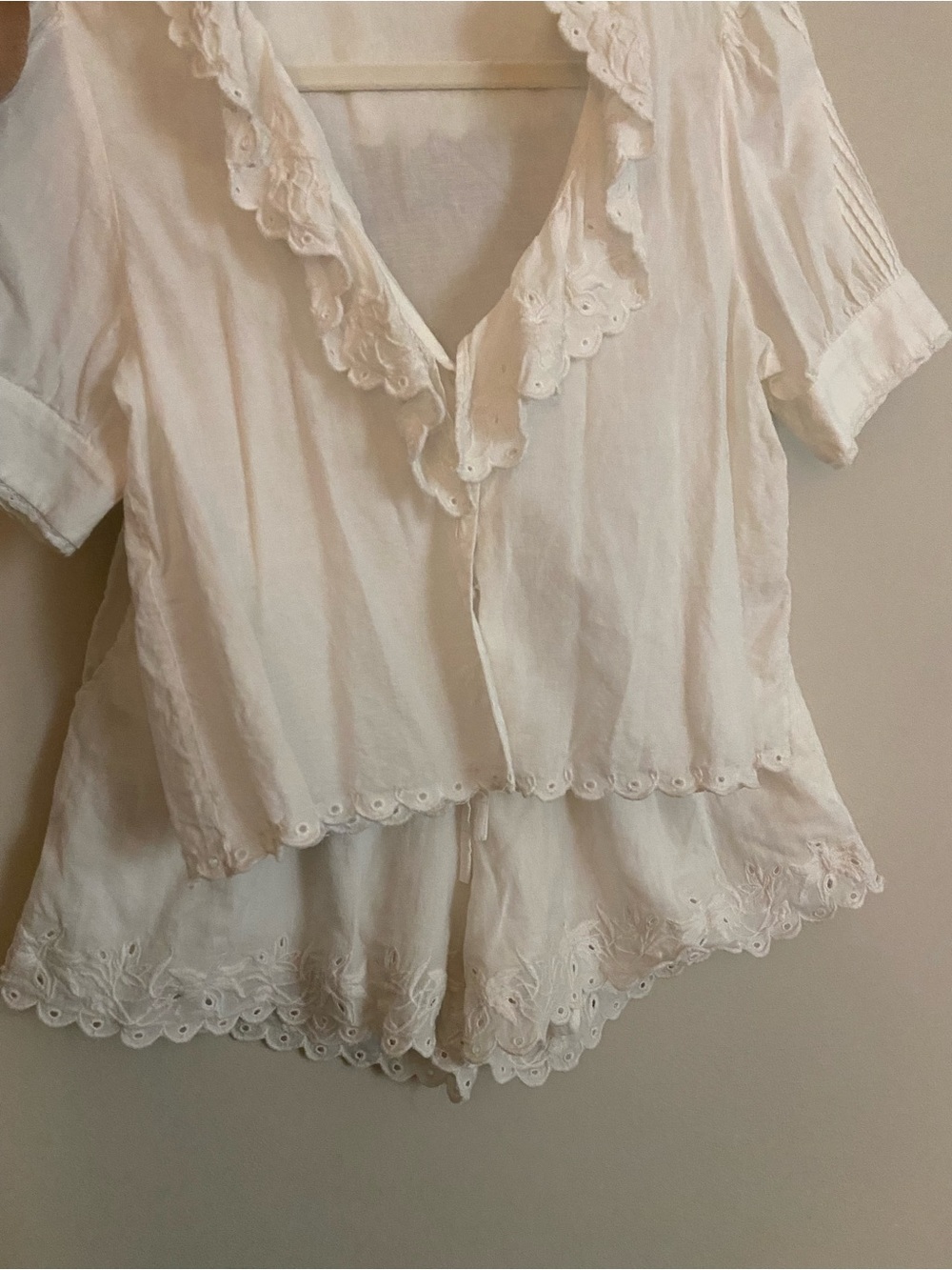 White Eyelet Ruffle Collar Blouse - Feminine Short Sleeve Top - Picture 13 of 13